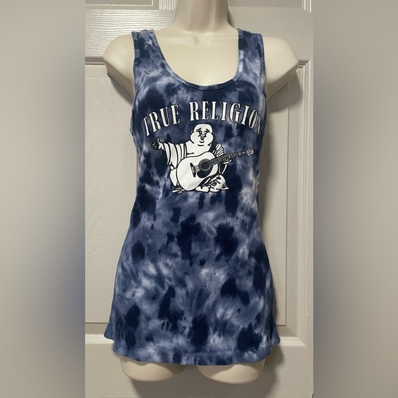 Blue True Religion Graphic Buddha Tie Dye Rib Knit Racerback Tank Top L Summer - Picture 1 of 7